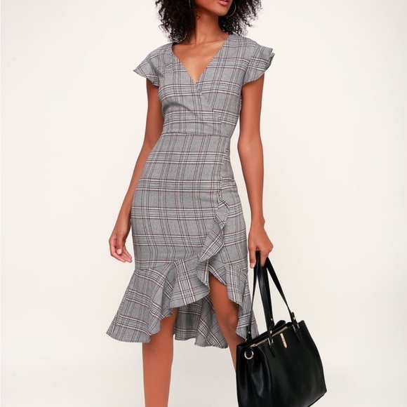 Lulus Poised For a Promotion Grey Glen Plaid Ruffle Midi Dress Size Small - Picture 1 of 9